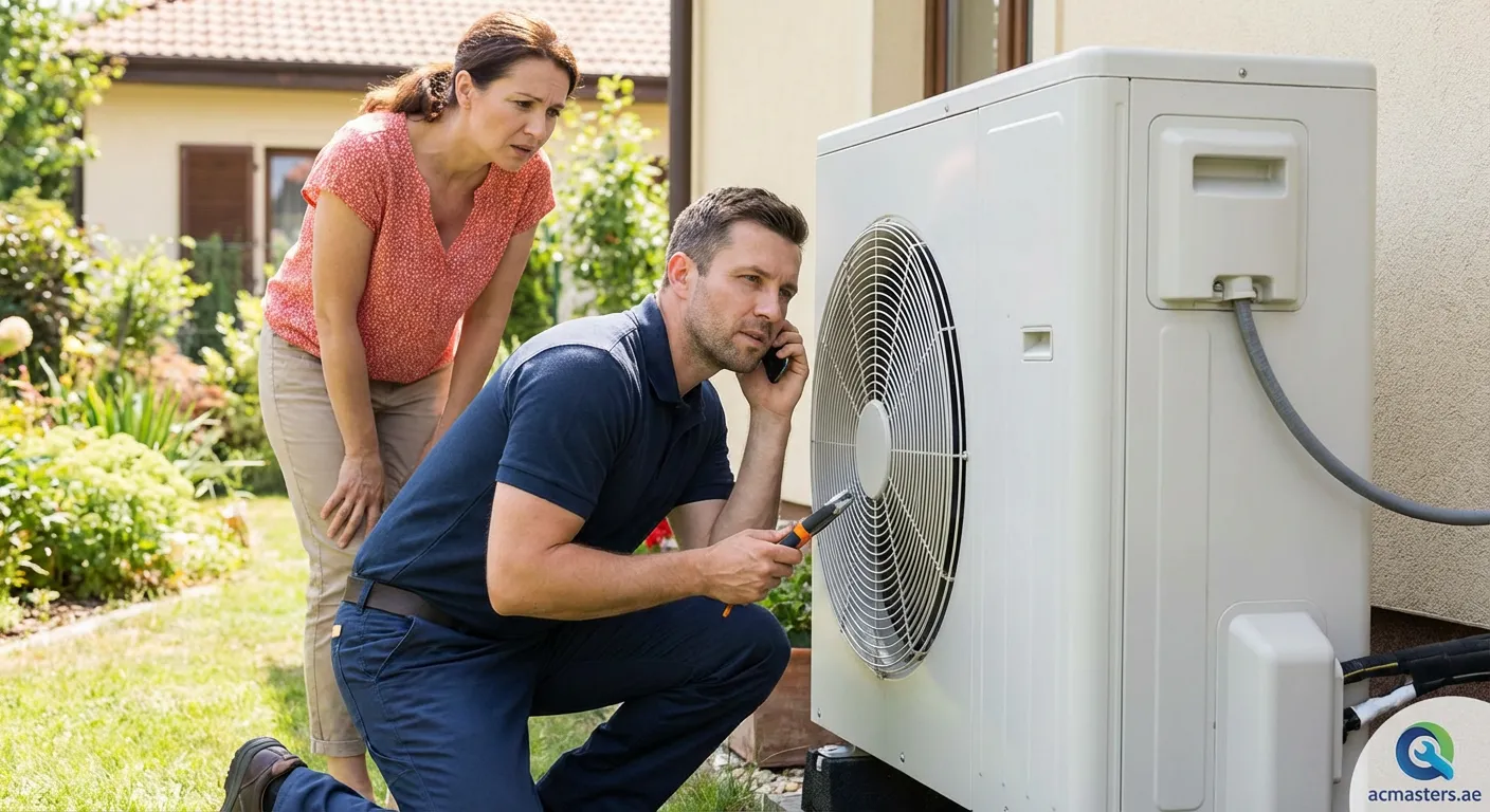 Technician inspecting a noisy air conditioner unit