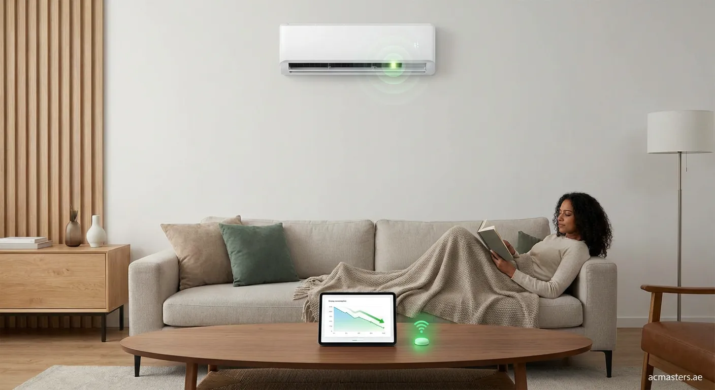 Wall mounted air conditioner with motion sensor technology in a modern bedroom