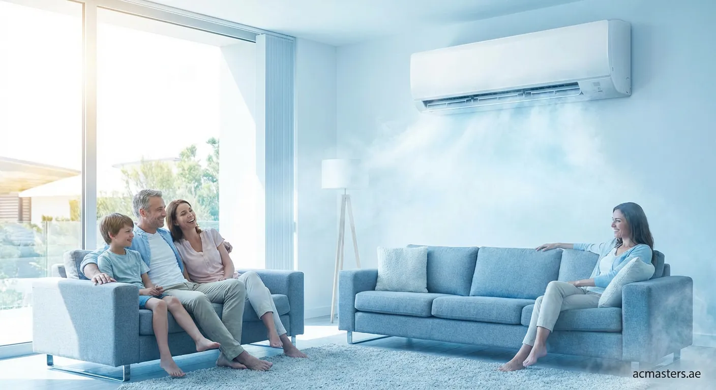 Powerful cooling air conditioner blowing cold air in a modern living room