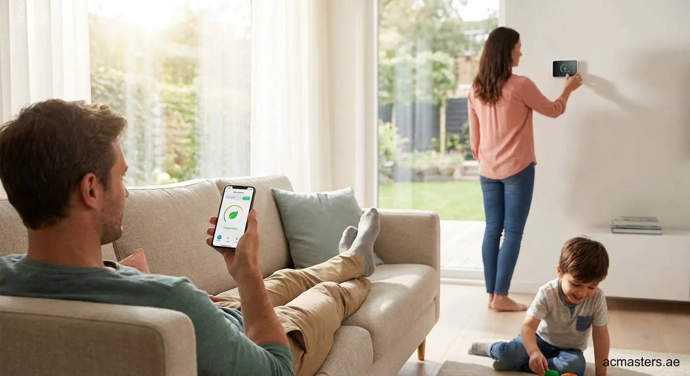 Smart AC controller mounted on wall showing temperature settings