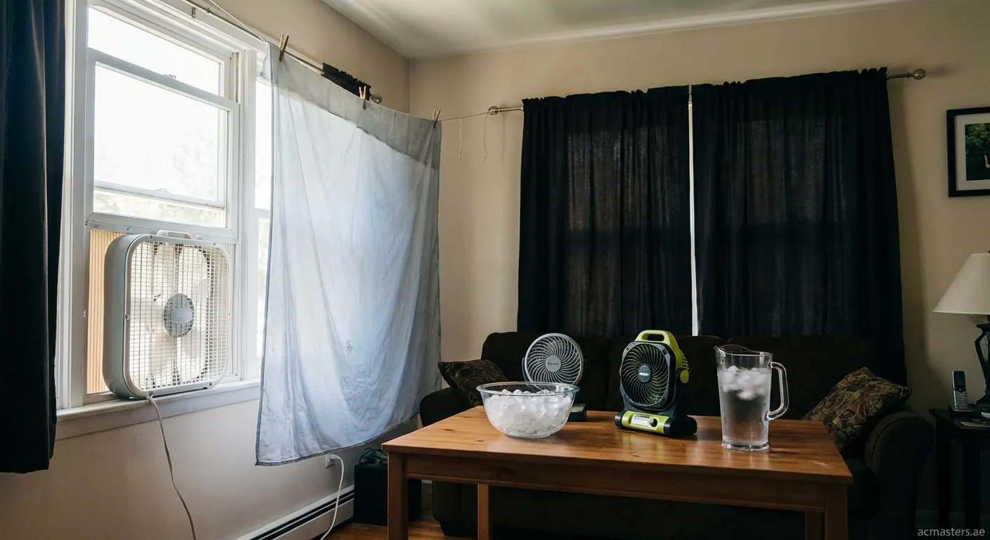 Person using portable fan and open windows to cool room without air conditioner
