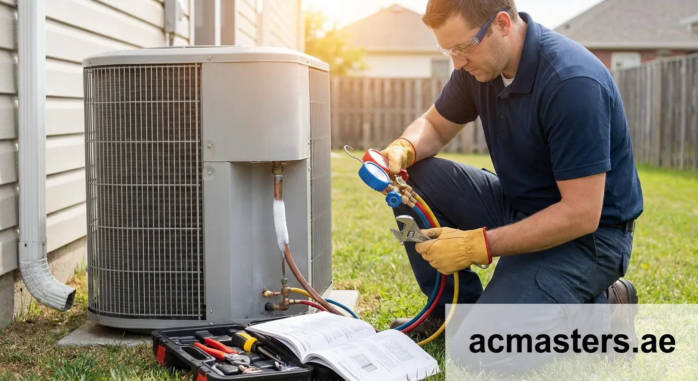Technician repairing AC unit with visible coil assembly