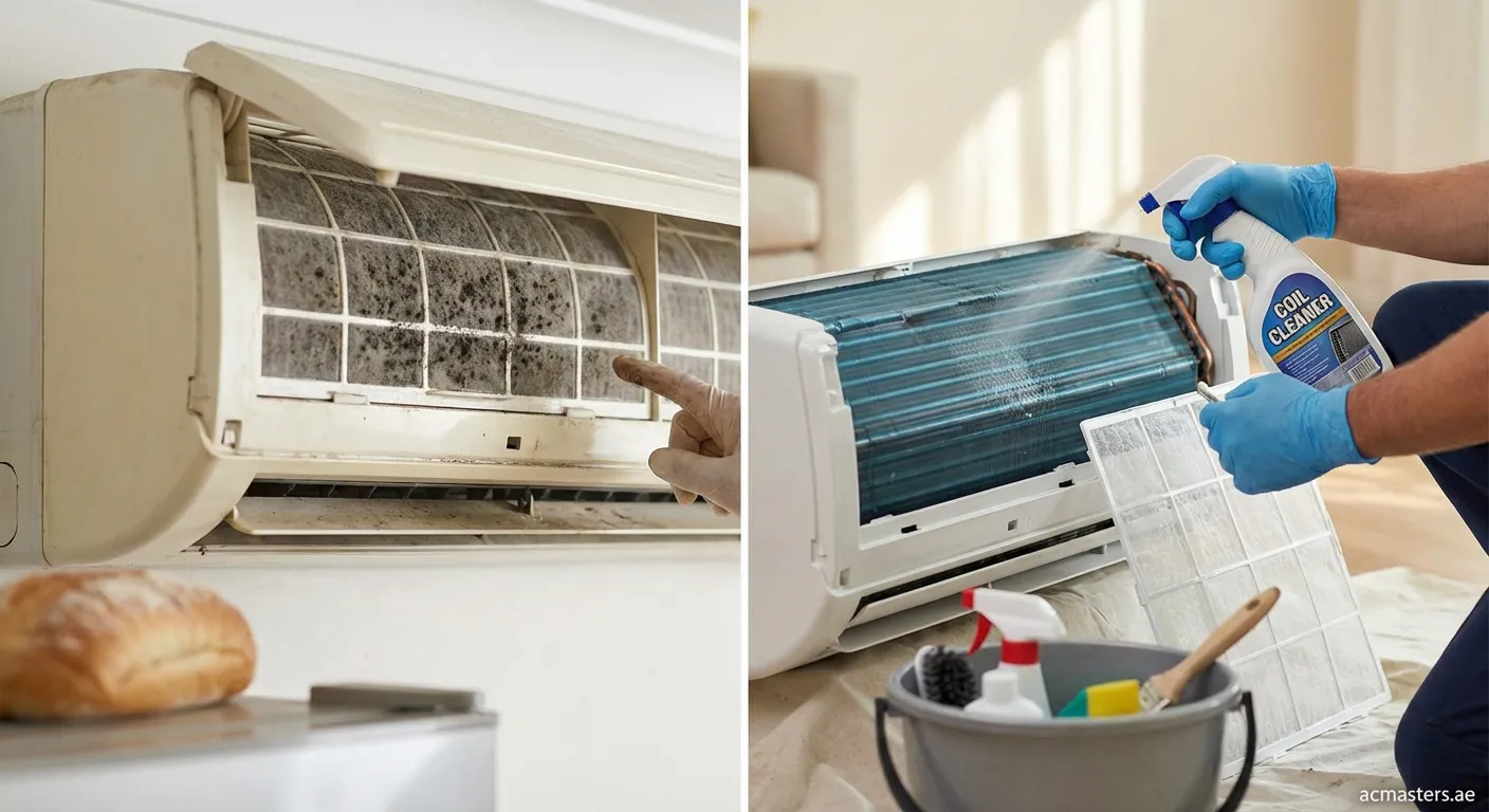 Clean air conditioner evaporator coils to remove yeast smell