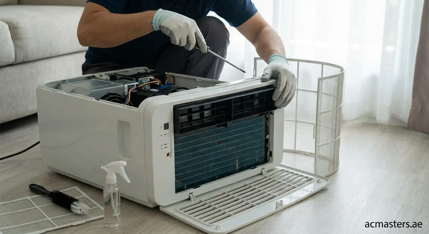 Technician cleaning air conditioner components to eliminate odors