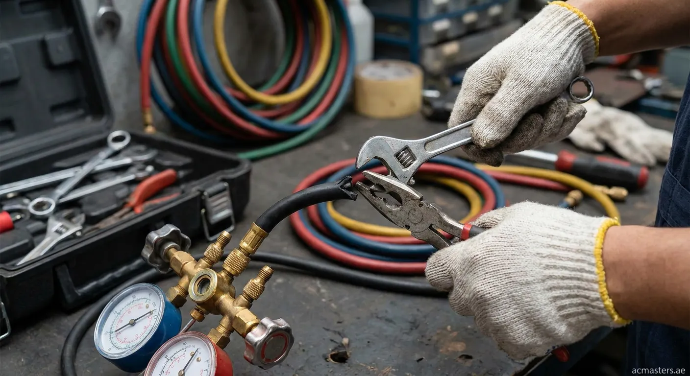 Broken gauge hose being repaired by technician