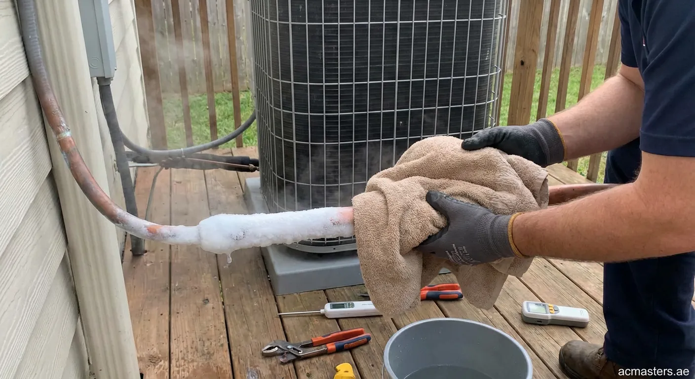 Frozen AC copper suction line covered with white ice frost buildup