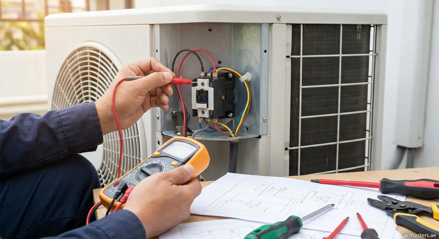 Technician checking AC contactor coil with multimeter