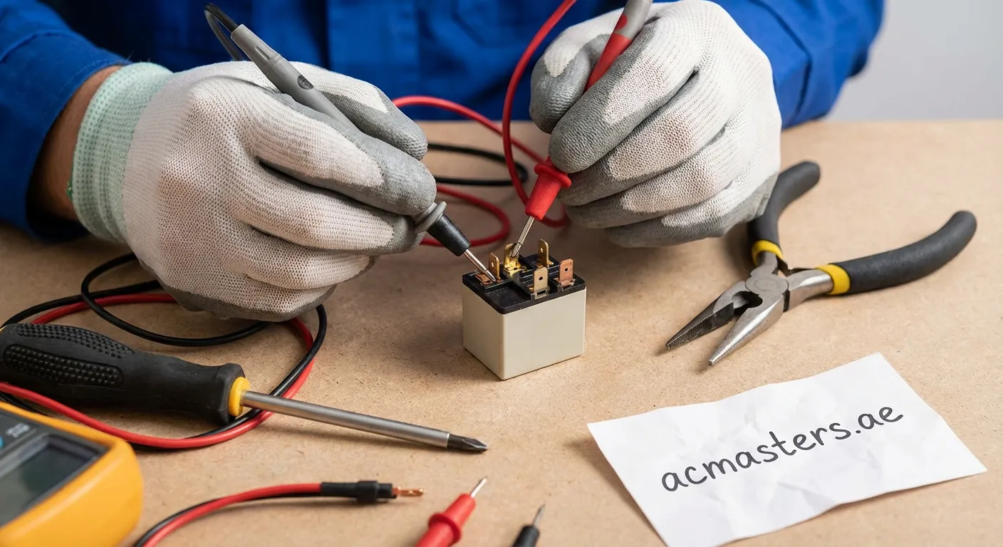 Technician checking AC relay switch with multimeter