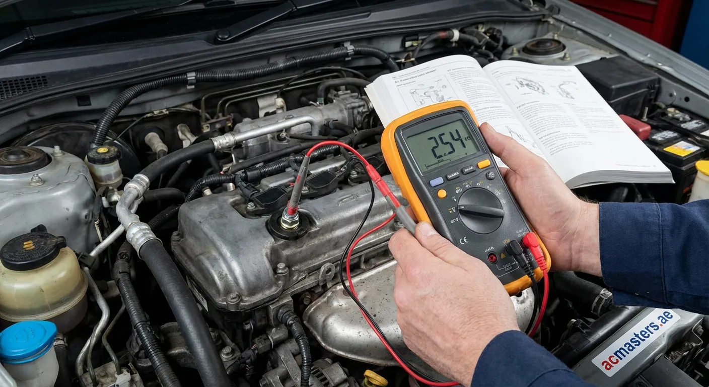 Technician measuring AC sensor resistance with multimeter