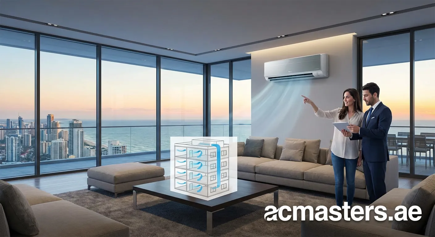 Luxury penthouse living room with floor-to-ceiling windows and central air conditioning