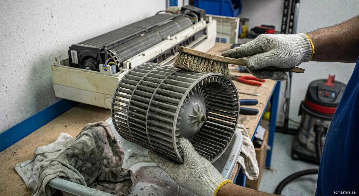 Close up of cleaning AC blower wheel with a brush