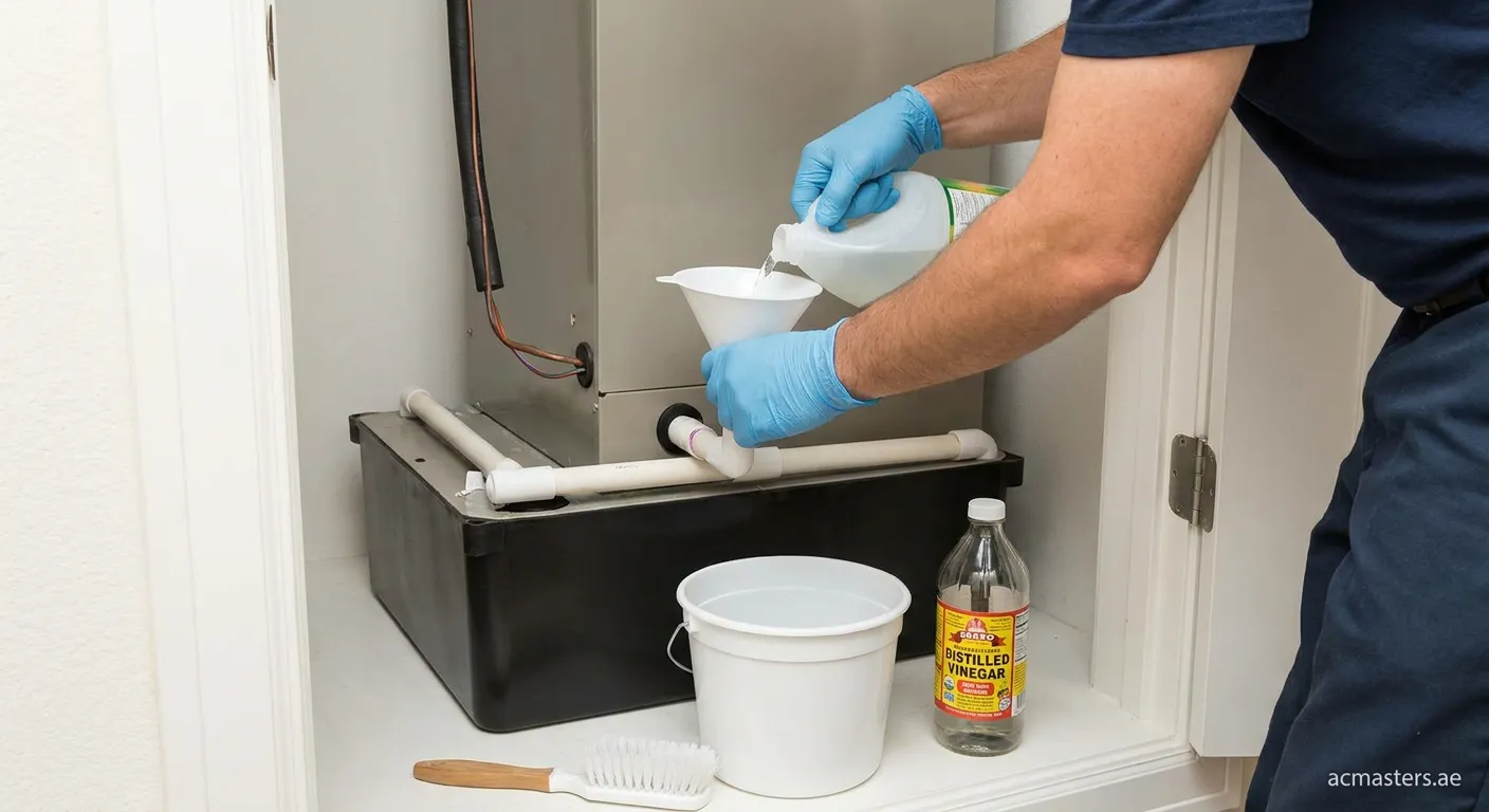 Homeowner cleaning AC condensate drain line with wet vacuum