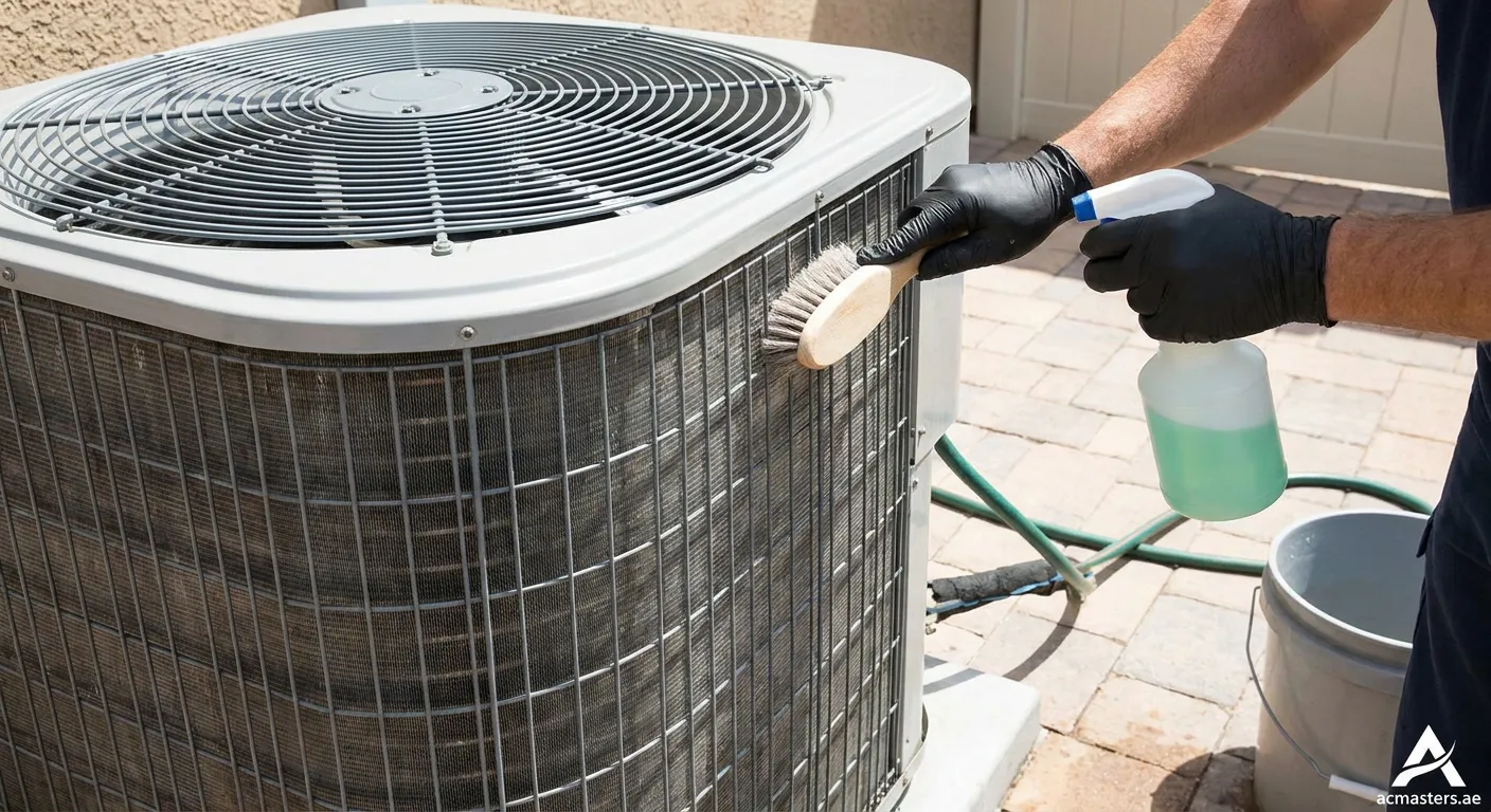 Person cleaning central AC grille with vacuum cleaner