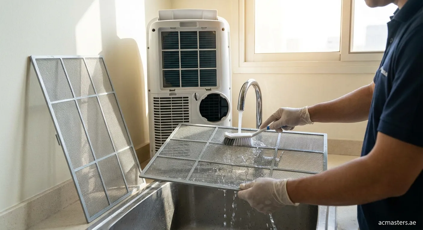 Cleaning high density AC filter with water and brush