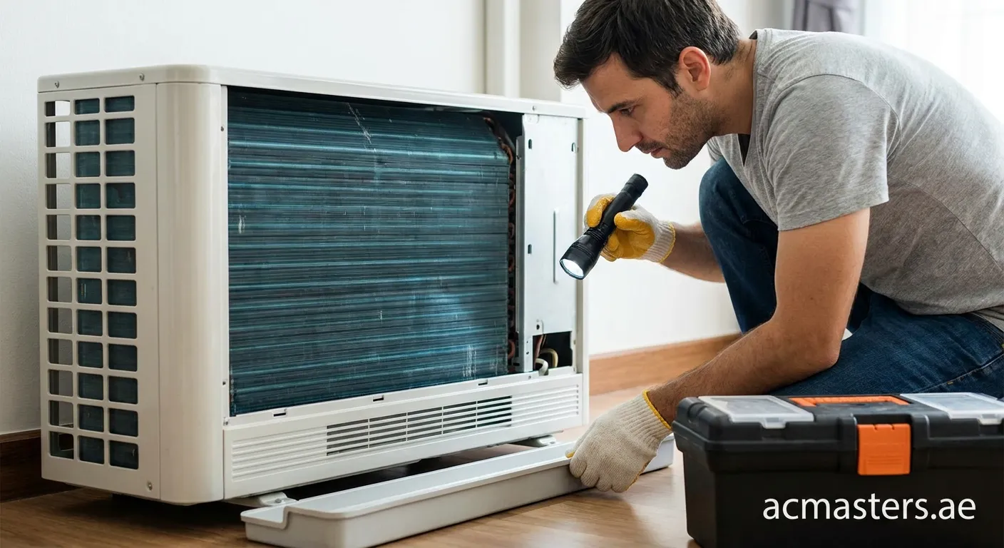 Technician inspecting air conditioner unit for sweet smell issues