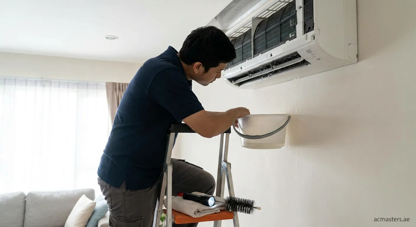 AC indoor unit showing water leak being inspected by technician
