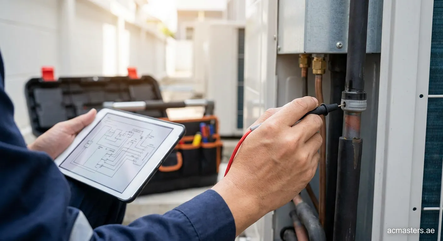 Technician testing AC discharge temperature sensor with multimeter