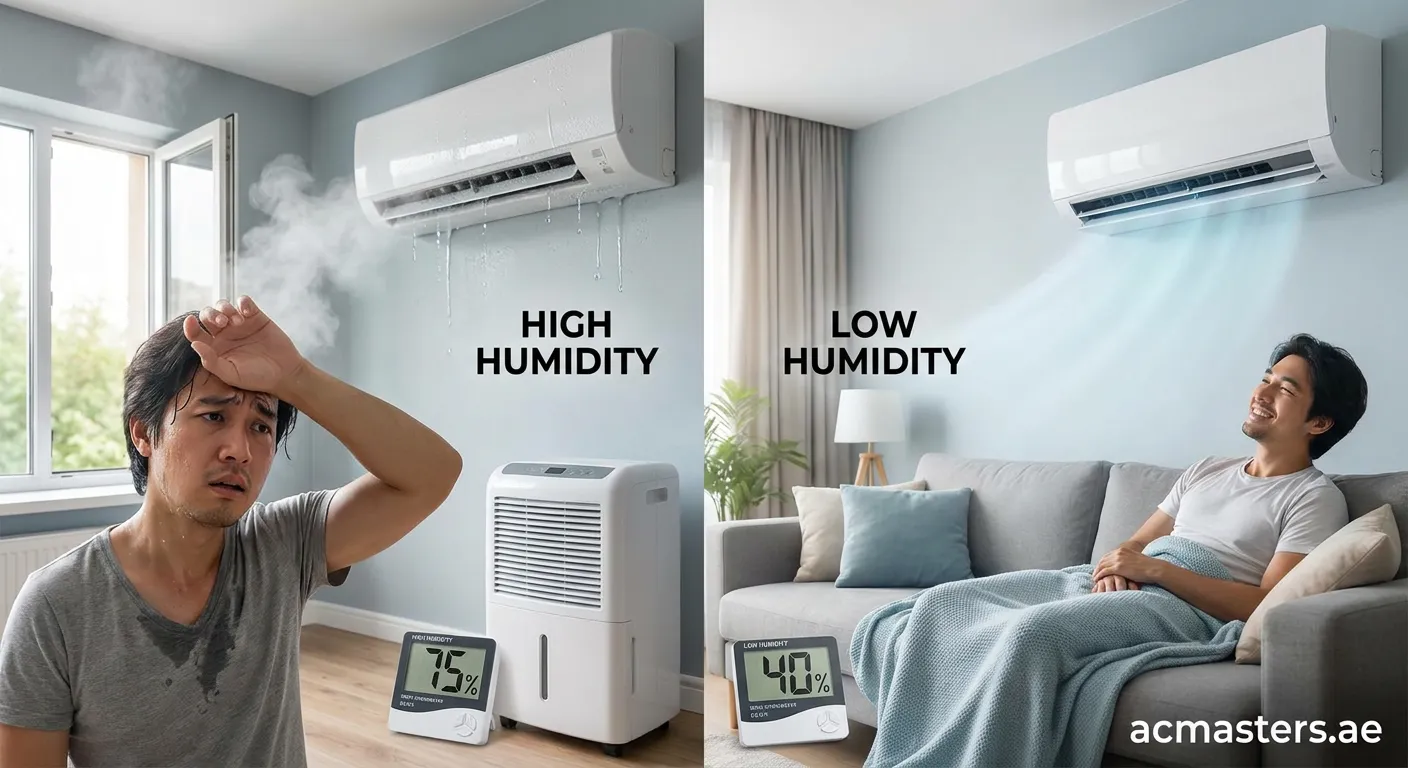 Person adjusting AC thermostat showing humidity level