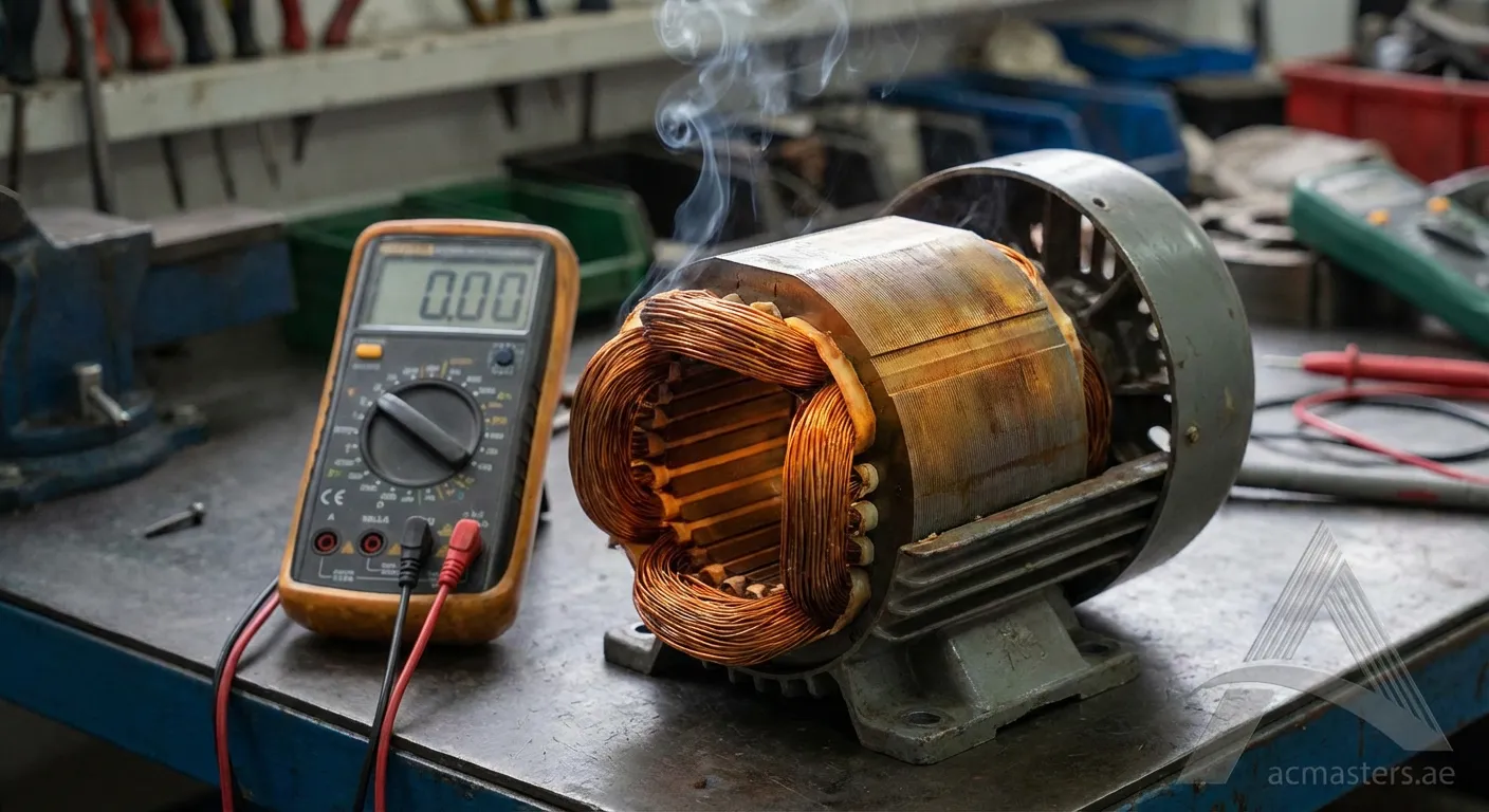 Technician checking voltage on a damaged AC motor unit