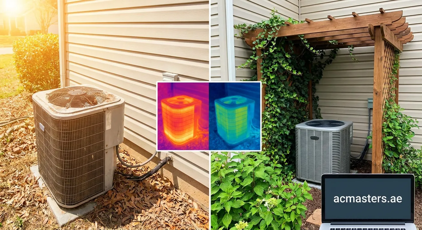 Air conditioner unit positioned under natural shade from trees demonstrating optimal placement for efficiency