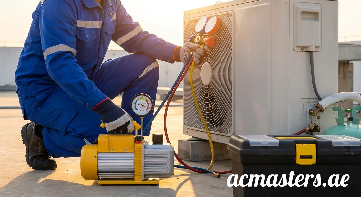 HVAC technician performing AC vacuuming during installation