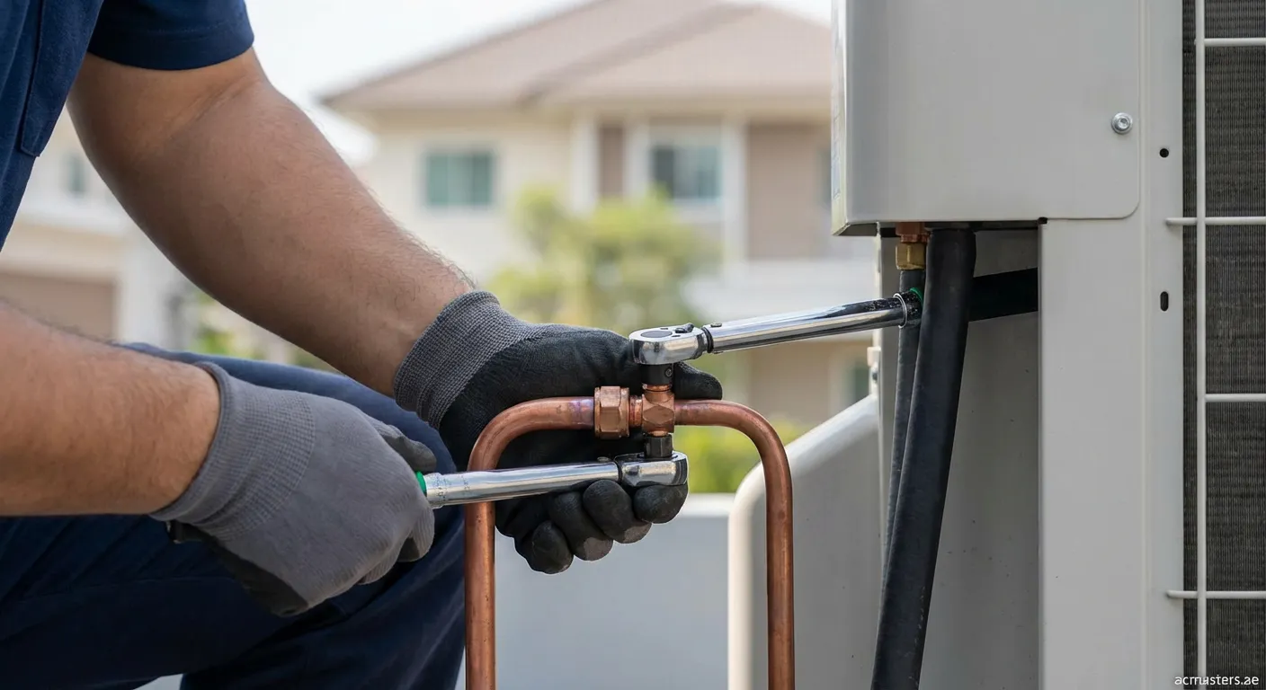 Technician tightening a flare nut on an AC copper pipe with a torque wrench