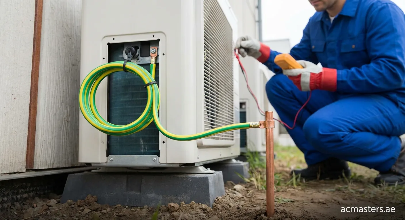 AC unit earthing connection showing ground wire installation for electrical safety