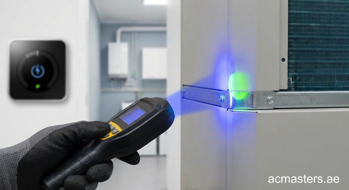 HVAC technician holding an electronic AC leak detector near condenser coils