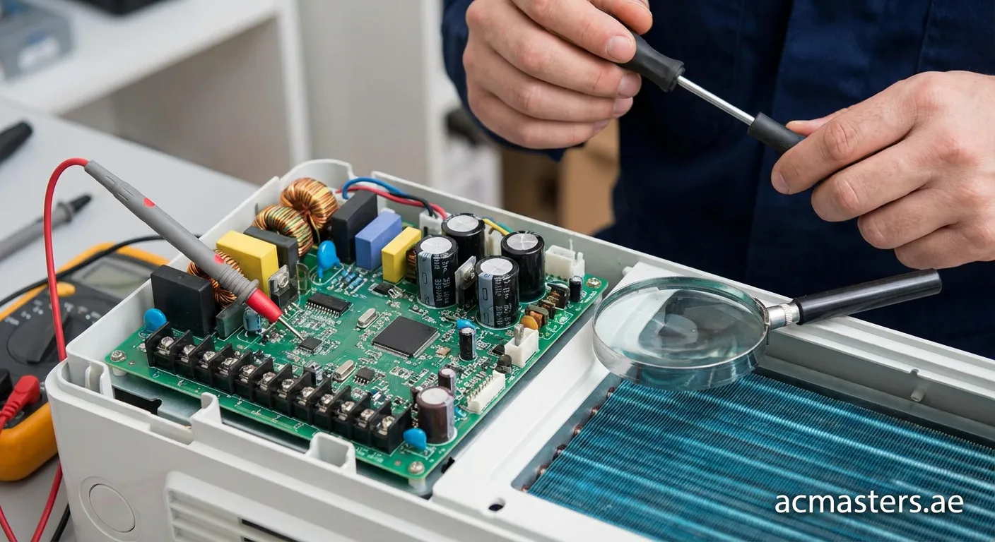 Technician testing AC circuit board with multimeter for troubleshooting