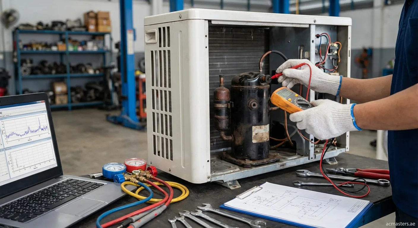 Technician performing troubleshooting on a bad AC rotary compressor using a multimeter