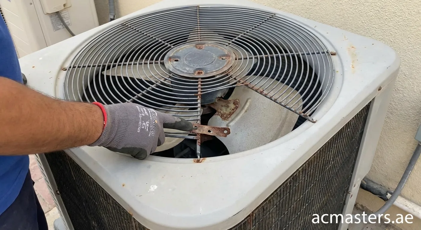 Technician inspecting air conditioner outdoor unit fan for scraping noise causes