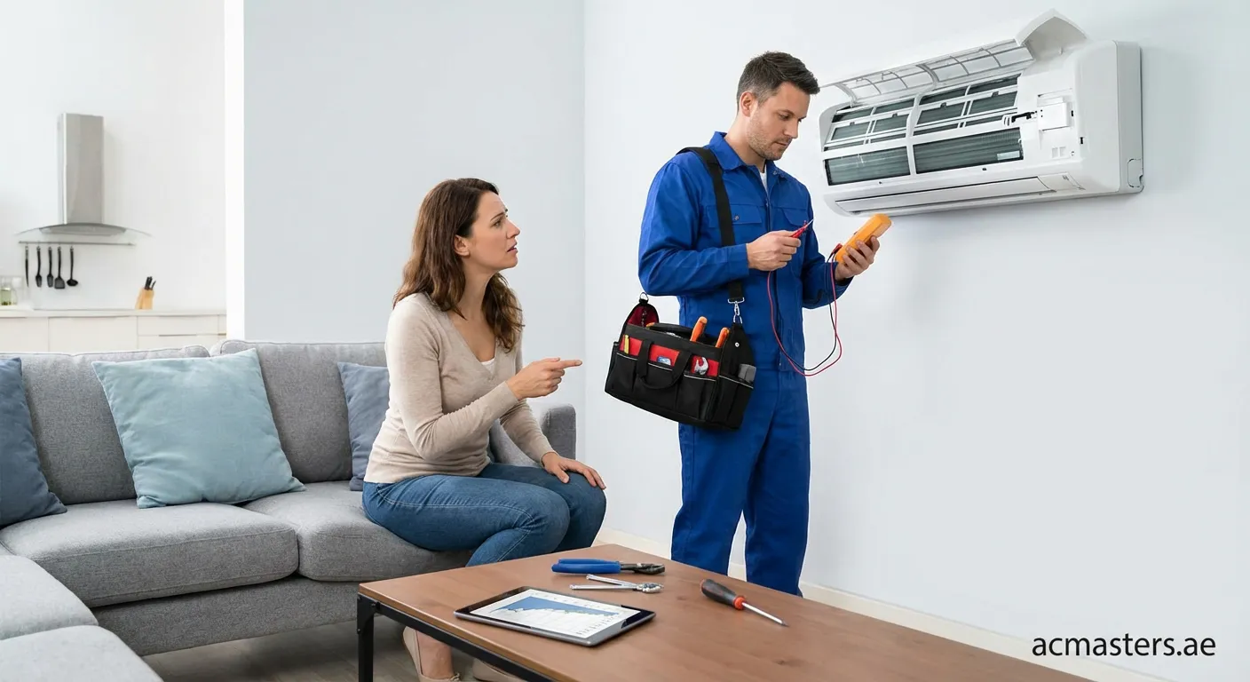 Technician repairing an AC unit that is making a sharp noise
